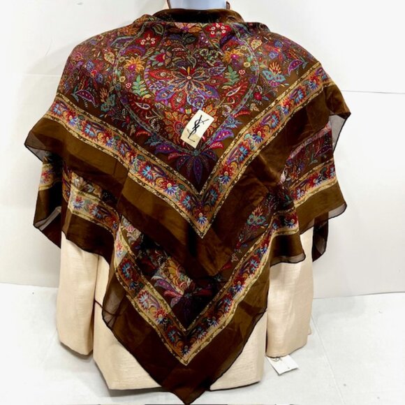 Yves Saint Laurent 100% SilkChiffon/Satin Scarf 42" Brown Red Green Floral ( 29 - Picture 9 of 15